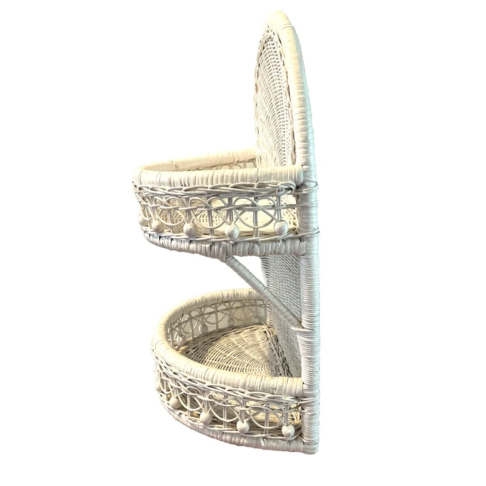 Vintage White Wicker Wall Shelf 2 Tier Hanging Standing Boho Cottage Farmhouse
